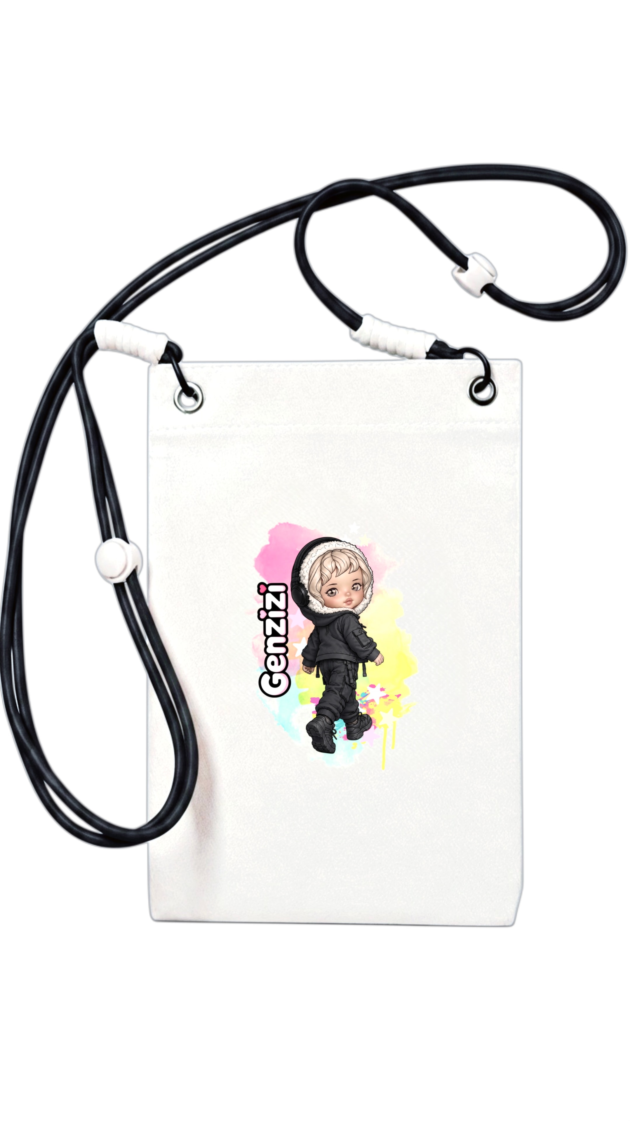 Black Genzizi crossbody bag with doll character print