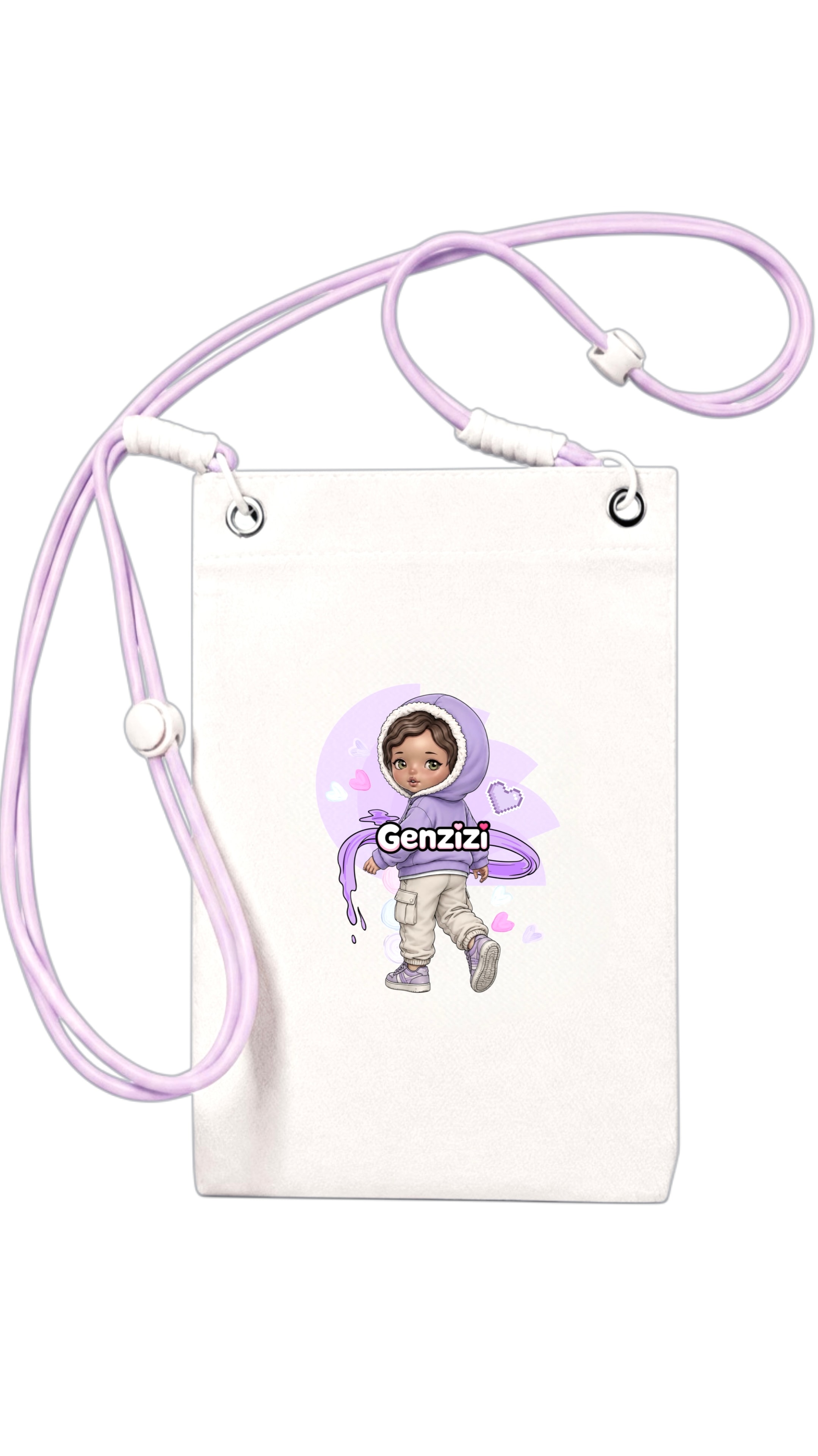 Purple Genzizi crossbody bag with doll character print