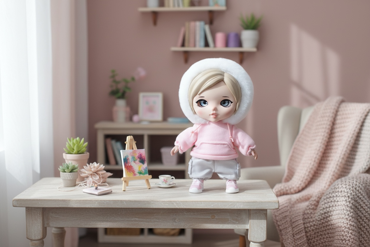 GenZizi doll in a blue winter room