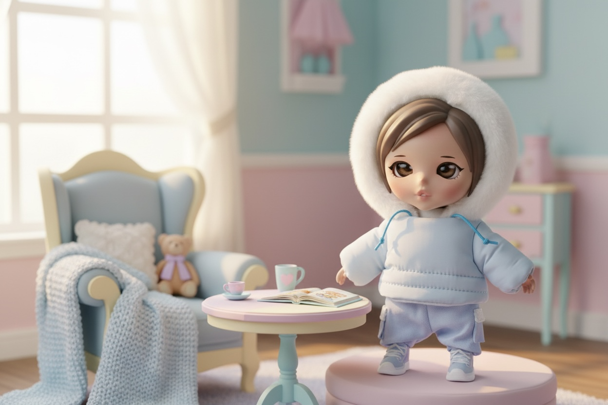 GenZizi in pastel room with tea table