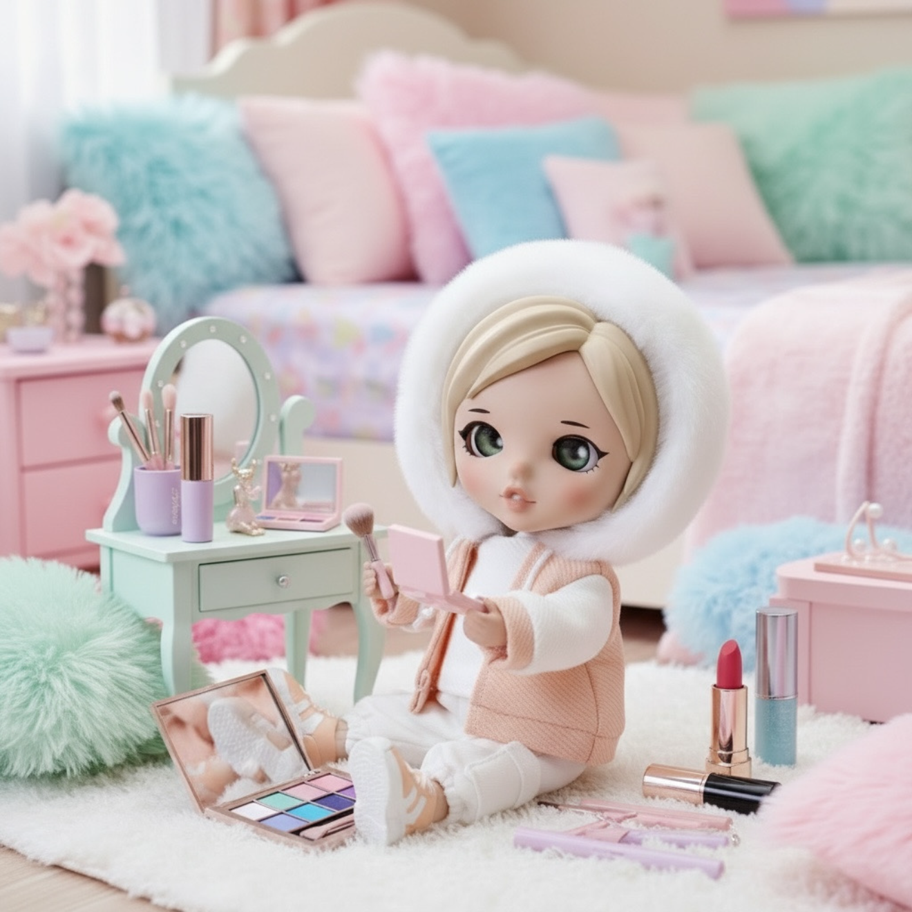 GenZizi with makeup in bedroom
