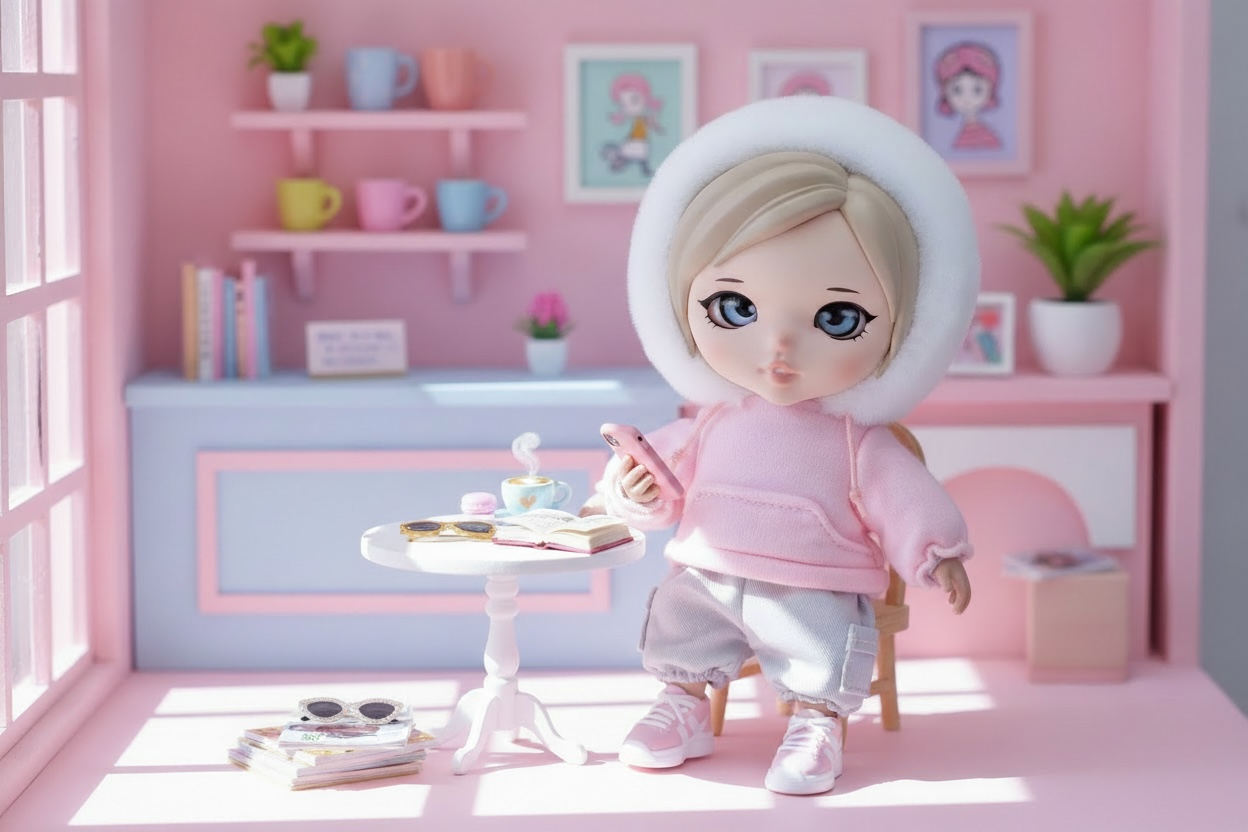 GenZizi in pink cafe