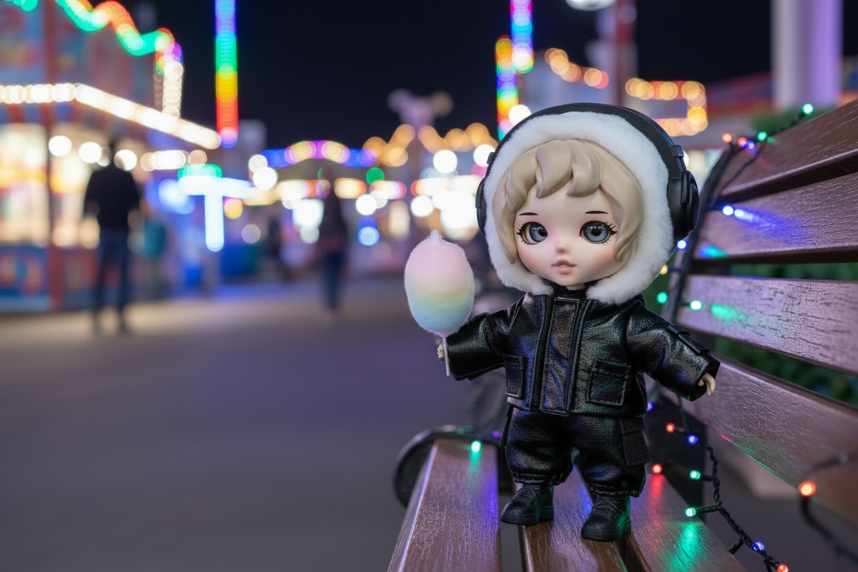 GenZizi with cotton candy at neon fairground at night