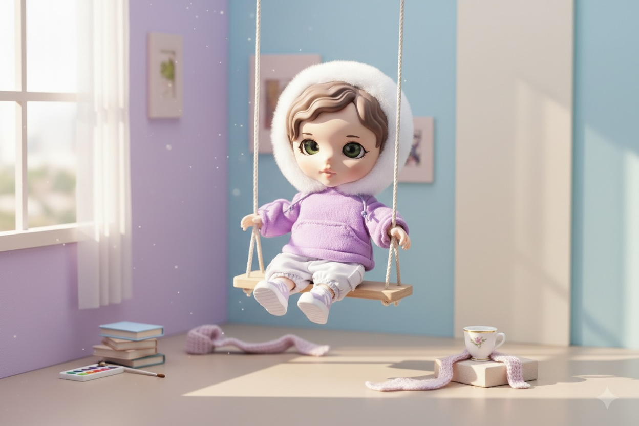 GenZizi doll in a pink artist studio